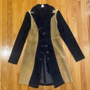 Denim & Suede Patchwork Long Coat Tailored Button Front Womens Med 90s Vintage
